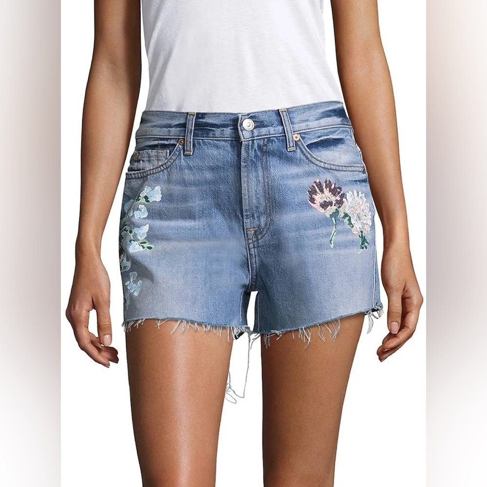 7 For All Mankind Blue Floral Jean Shorts